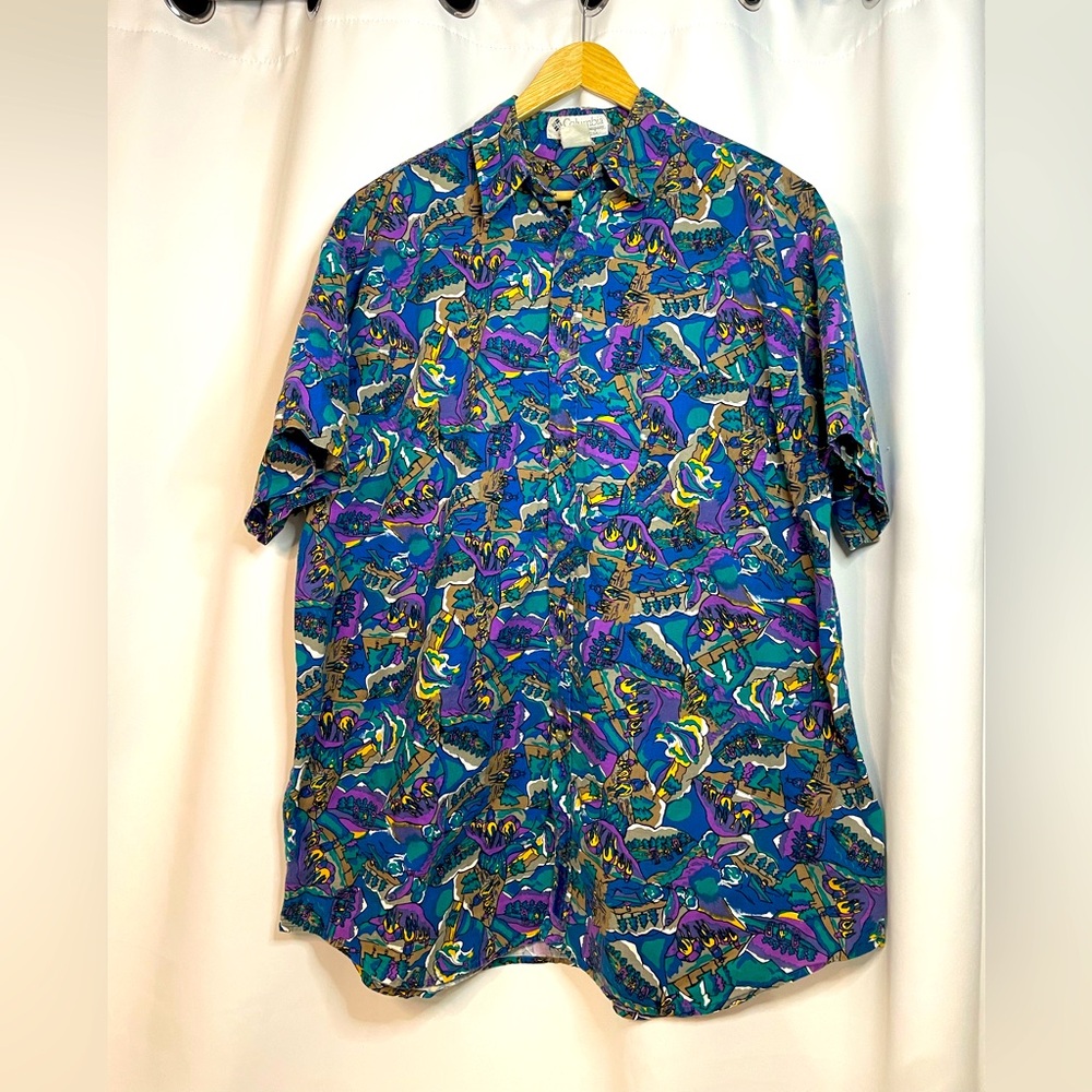 VTG 90s Columbia short sleeve button dwn purple/blue graphic fishing shirt sx XL